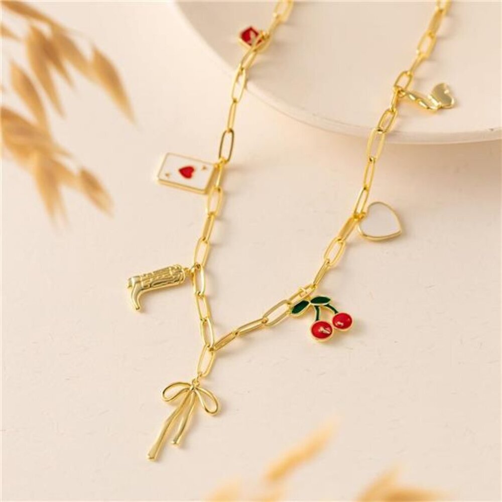 Charm Necklace | 14K Gold- & Silver-Plate Pearl with Heart, Butterfly, Cherry.